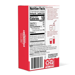 Amazon Grocery strawberry drink mix packet closeup, flavorful strawberry taste with light caffeine.