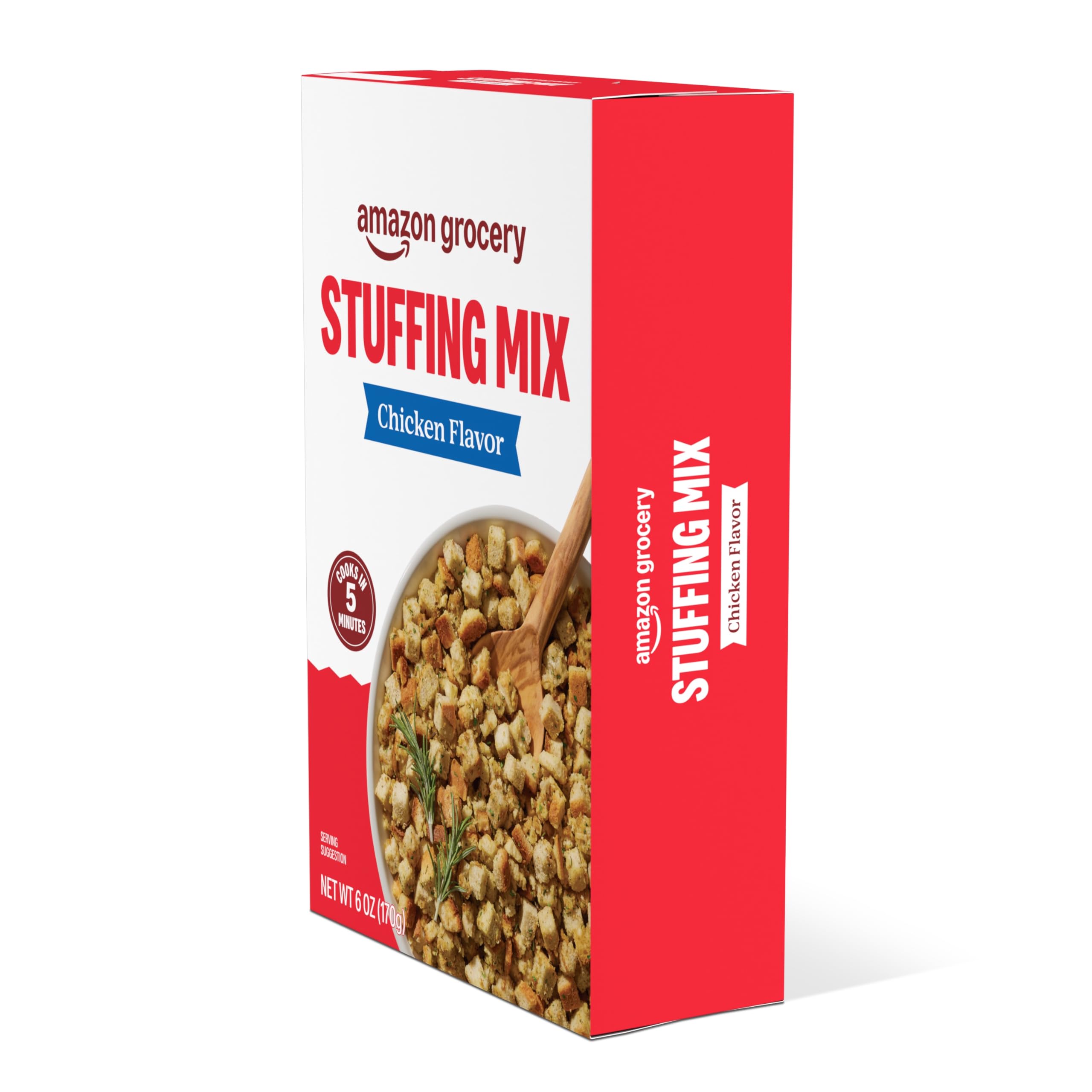 Amazon Grocery stuffing box on pantry shelf with other staples.