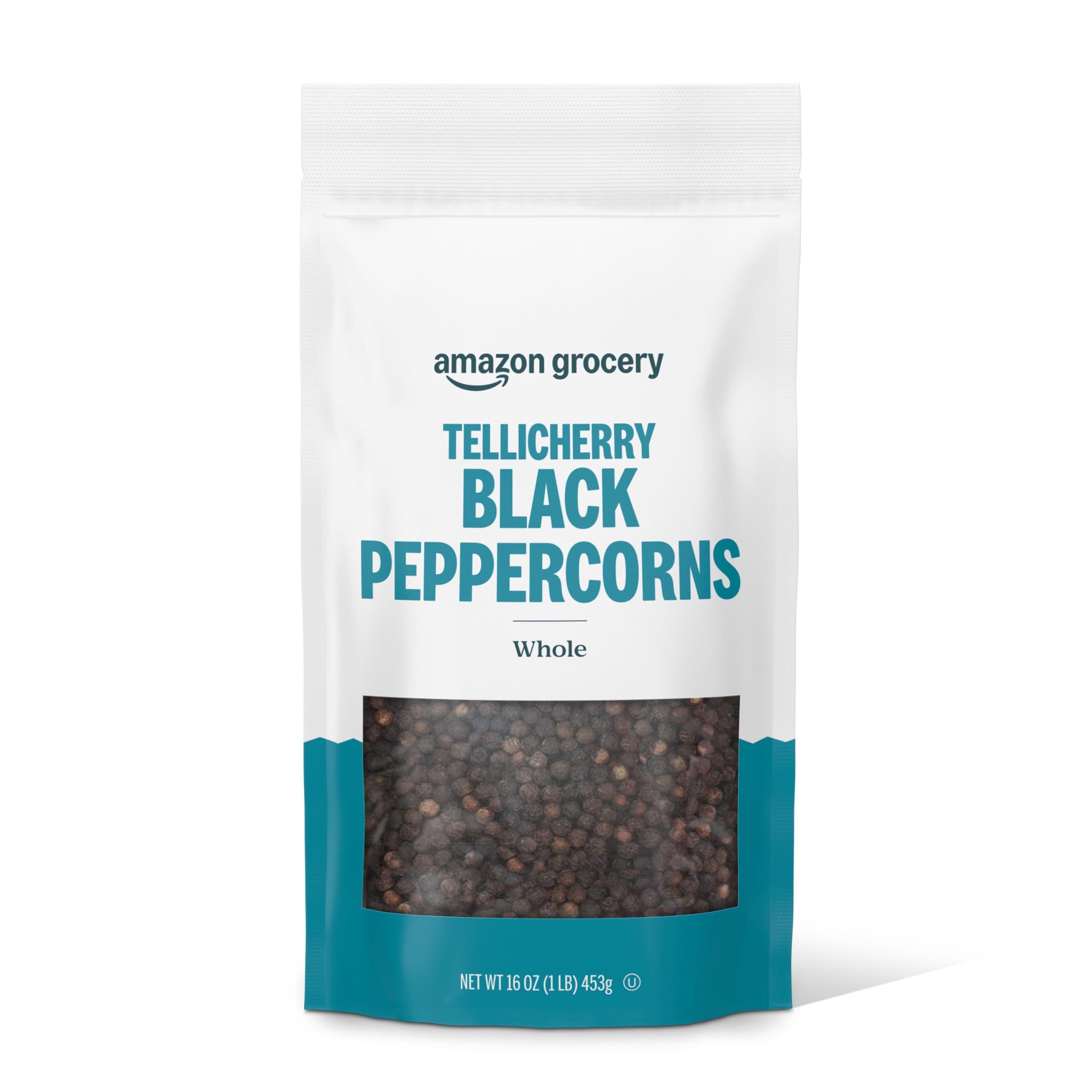 Amazon Grocery Tellicherry whole peppercorns in a 16 oz bag, ideal for grinding.