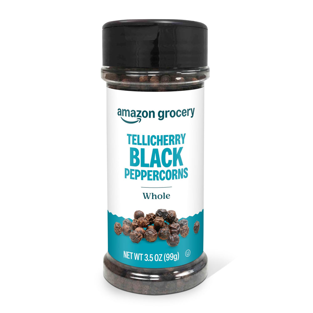 Amazon Grocery Tellicherry whole peppercorns bottle enhances savory meals.
