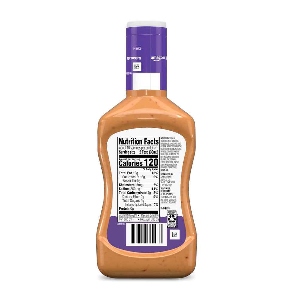 Amazon Grocery Thousand Island dressing label close-up highlighting ingredients.