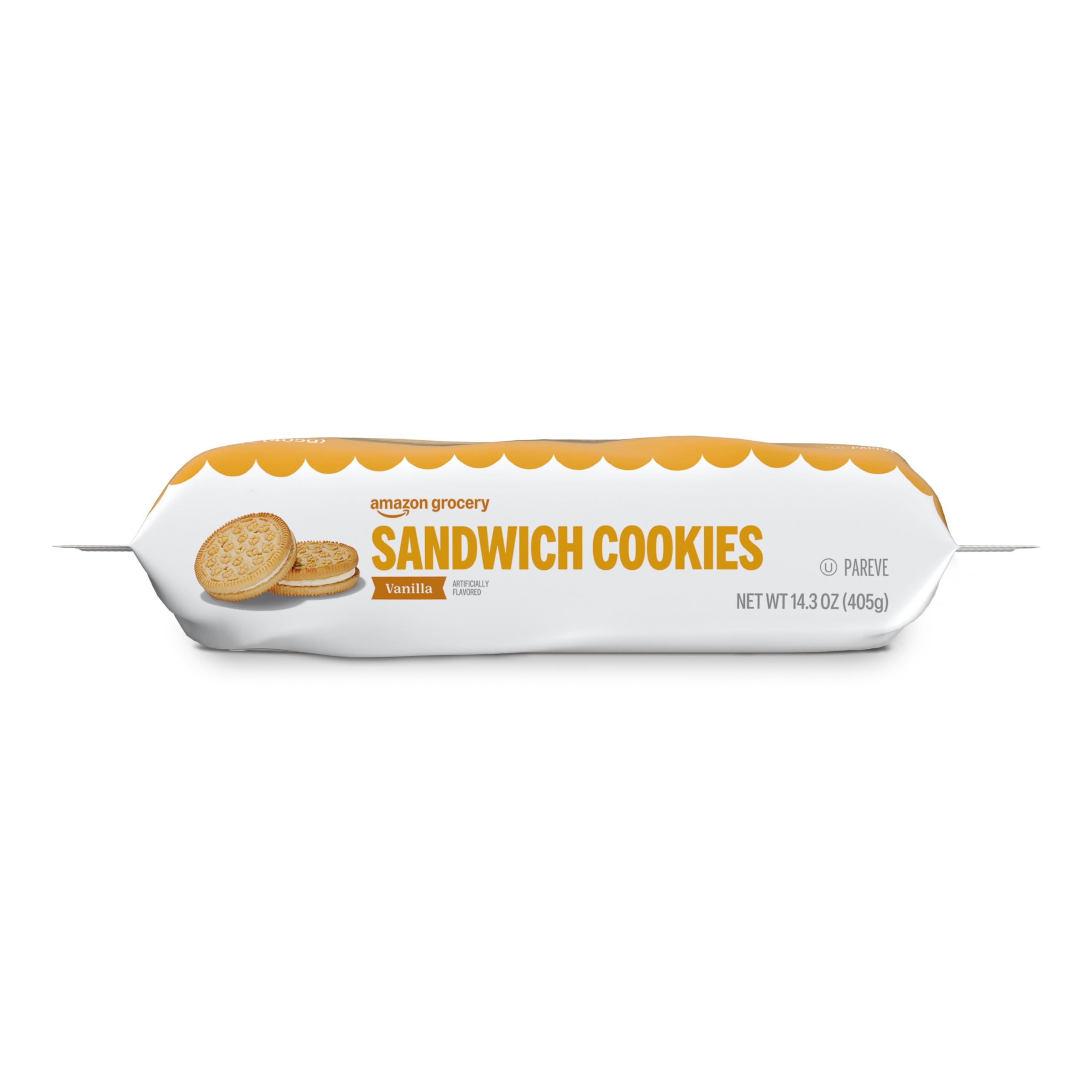 Amazon Grocery Vanilla Sandwich Cookies paired with milk for a break