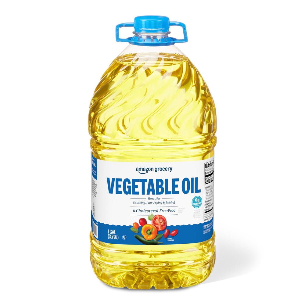Amazon Grocery vegetable oil bottle front for versatile cooking.