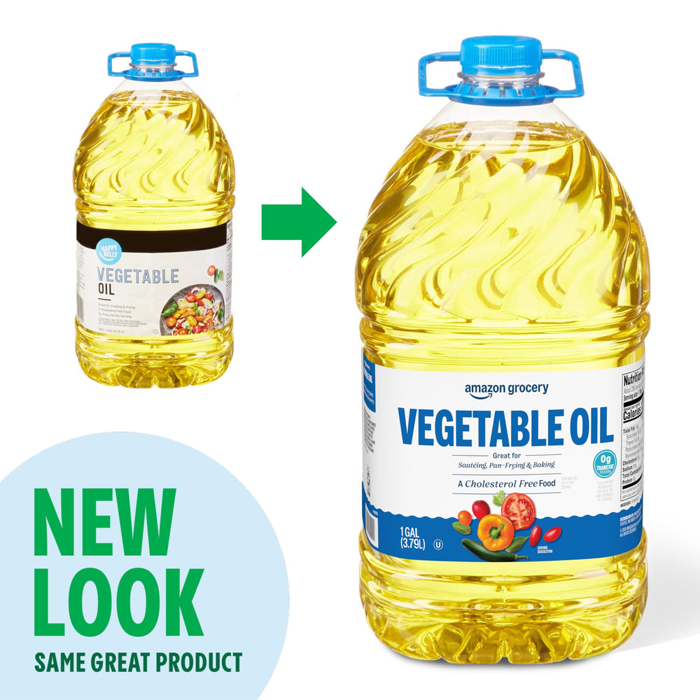 Amazon Grocery vegetable oil on kitchen counter beside spices.