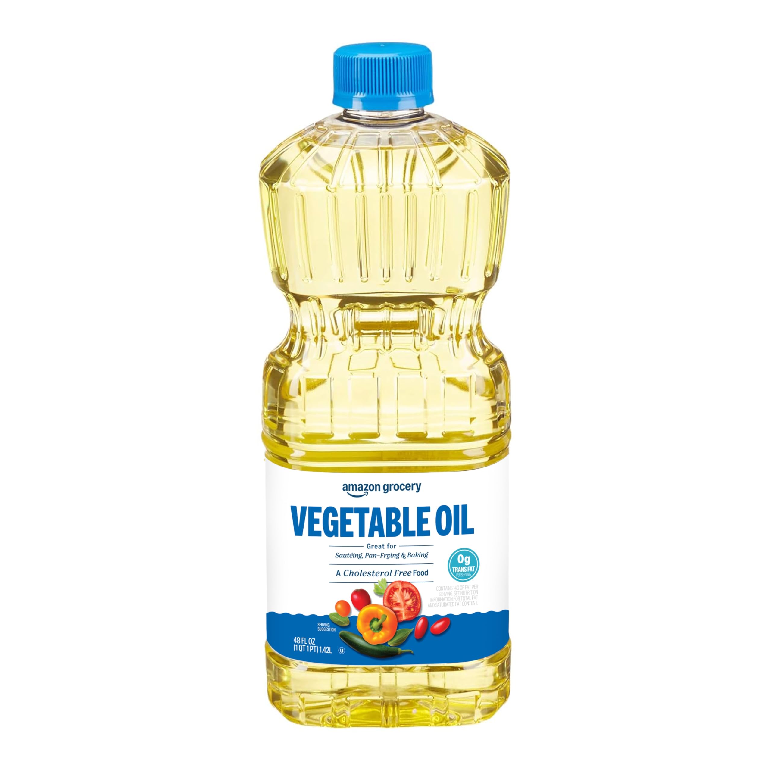 Amazon Grocery vegetable oil 48oz bottle for versatile everyday cooking and frying.