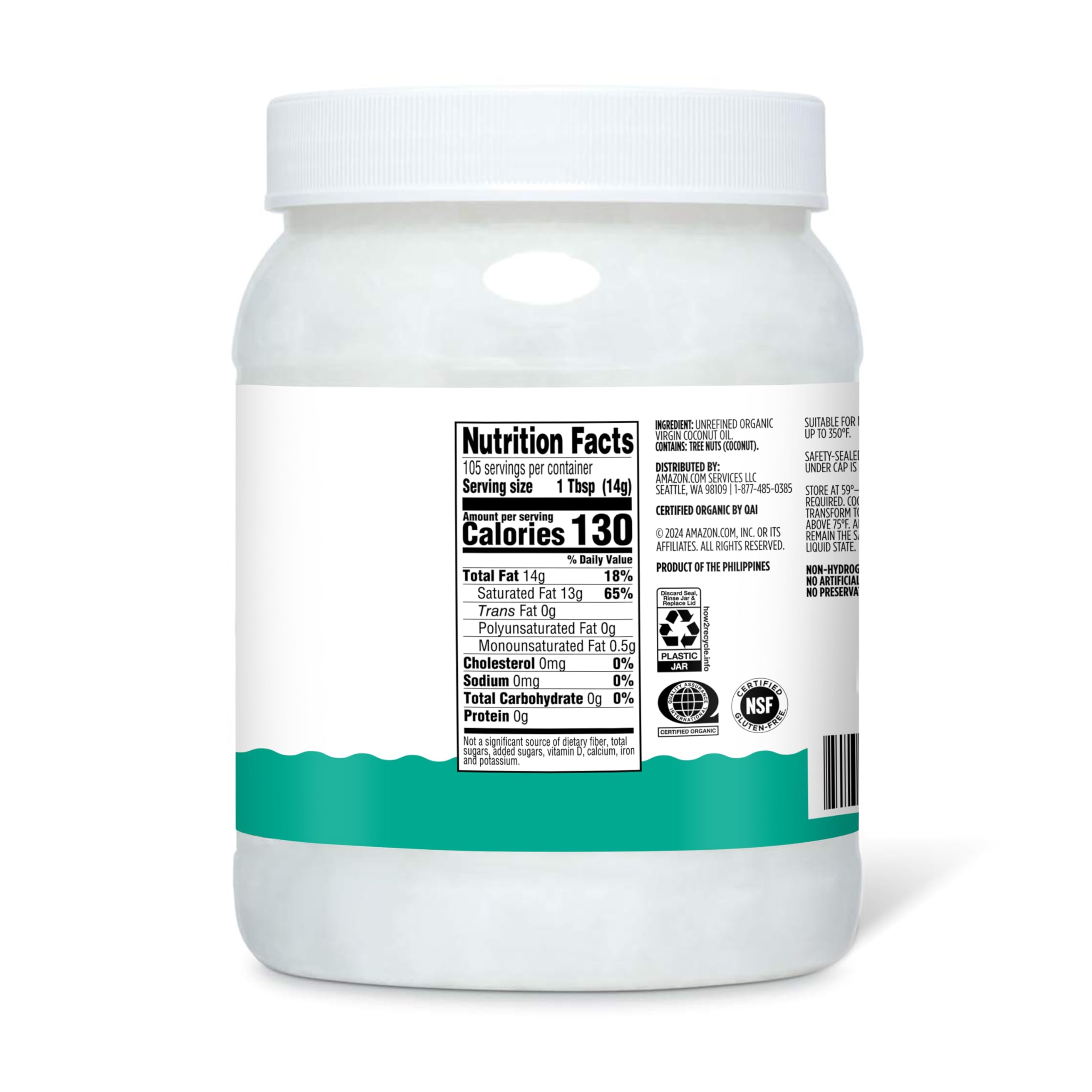 Amazon Grocery Virgin Coconut Oil amber bottle closeup suitable for pantry storage