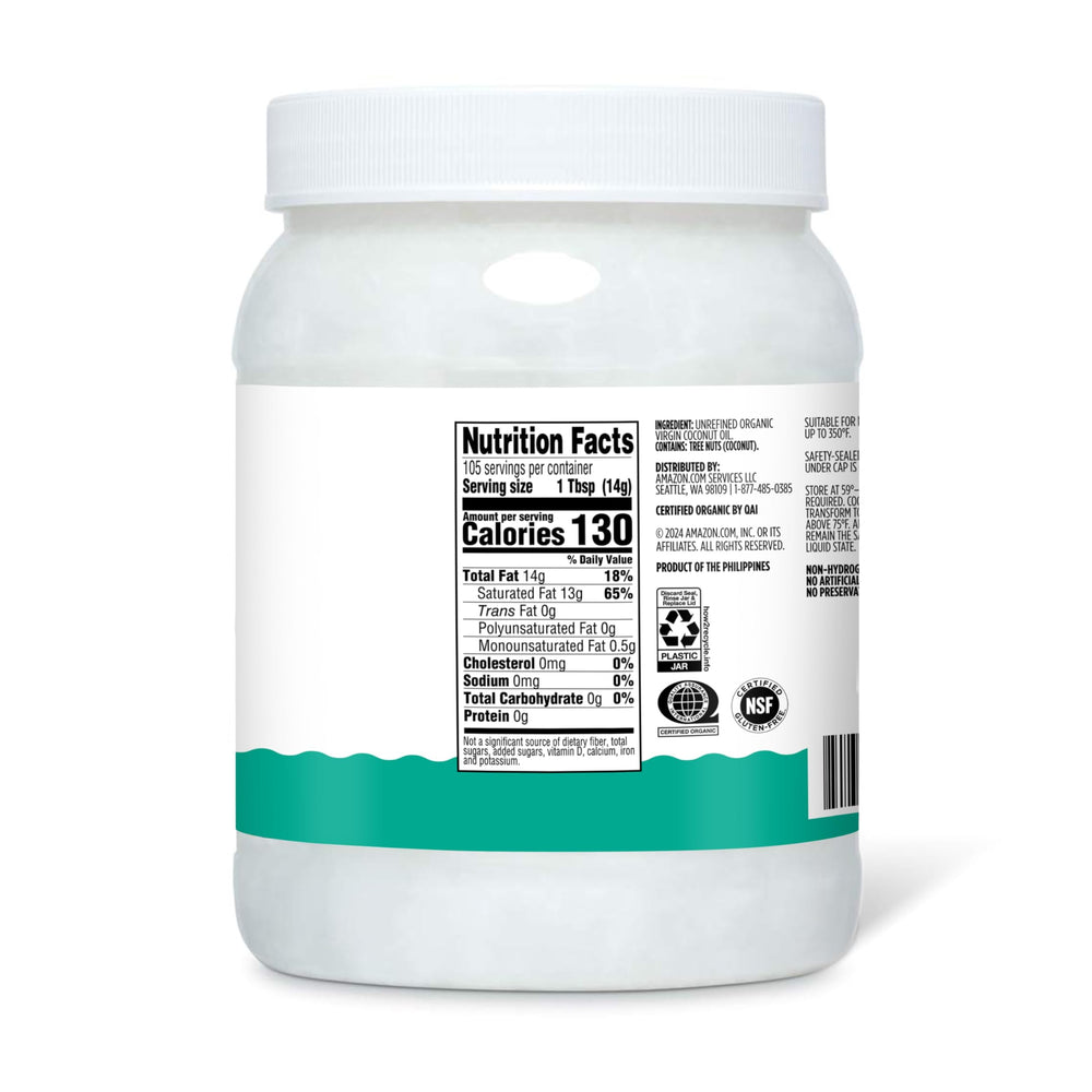 Amazon Grocery Virgin Coconut Oil amber bottle closeup suitable for pantry storage