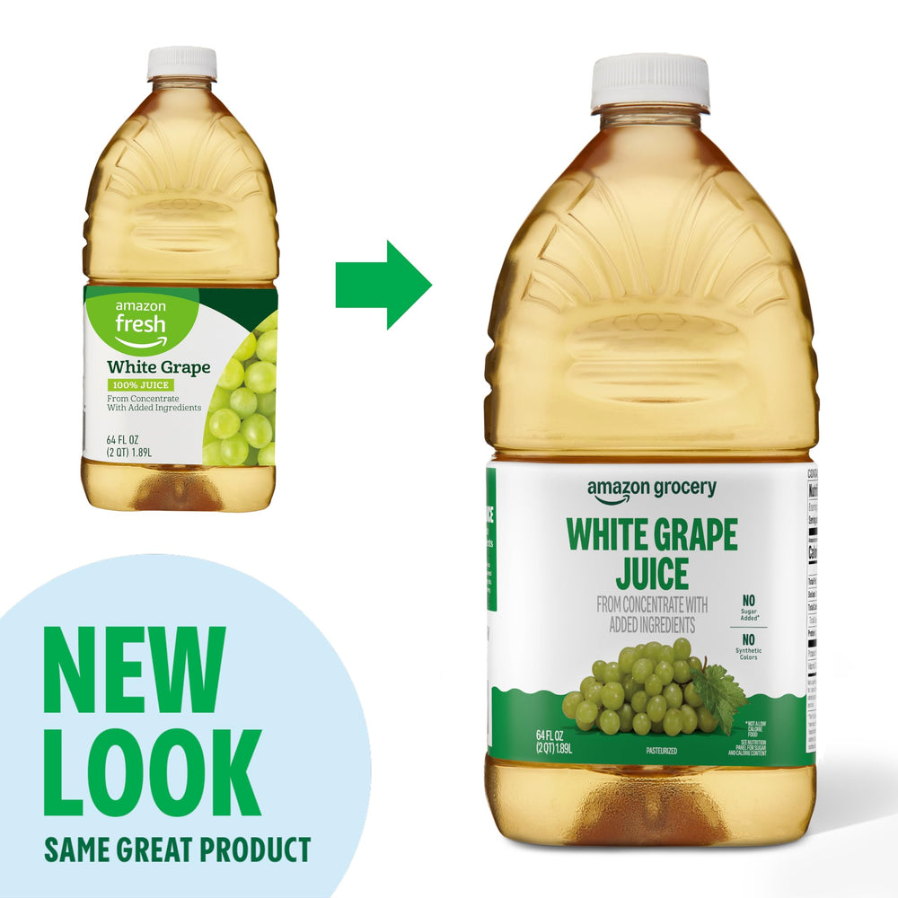 Close-up label of Amazon Grocery White Grape Juice with no synthetic colors