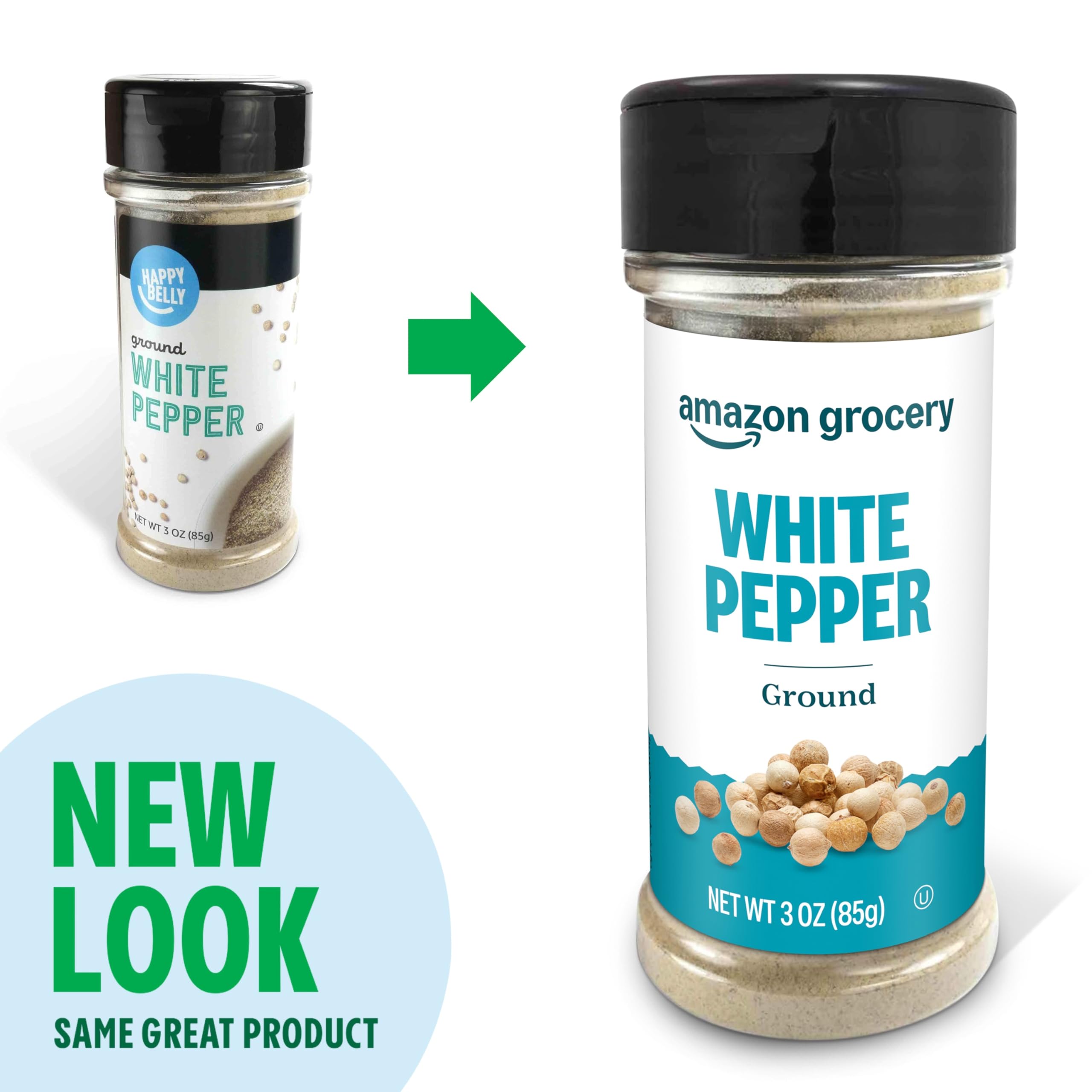 Amazon Grocery white pepper ground on a shelf, ideal for subtle pepper notes in light dishes