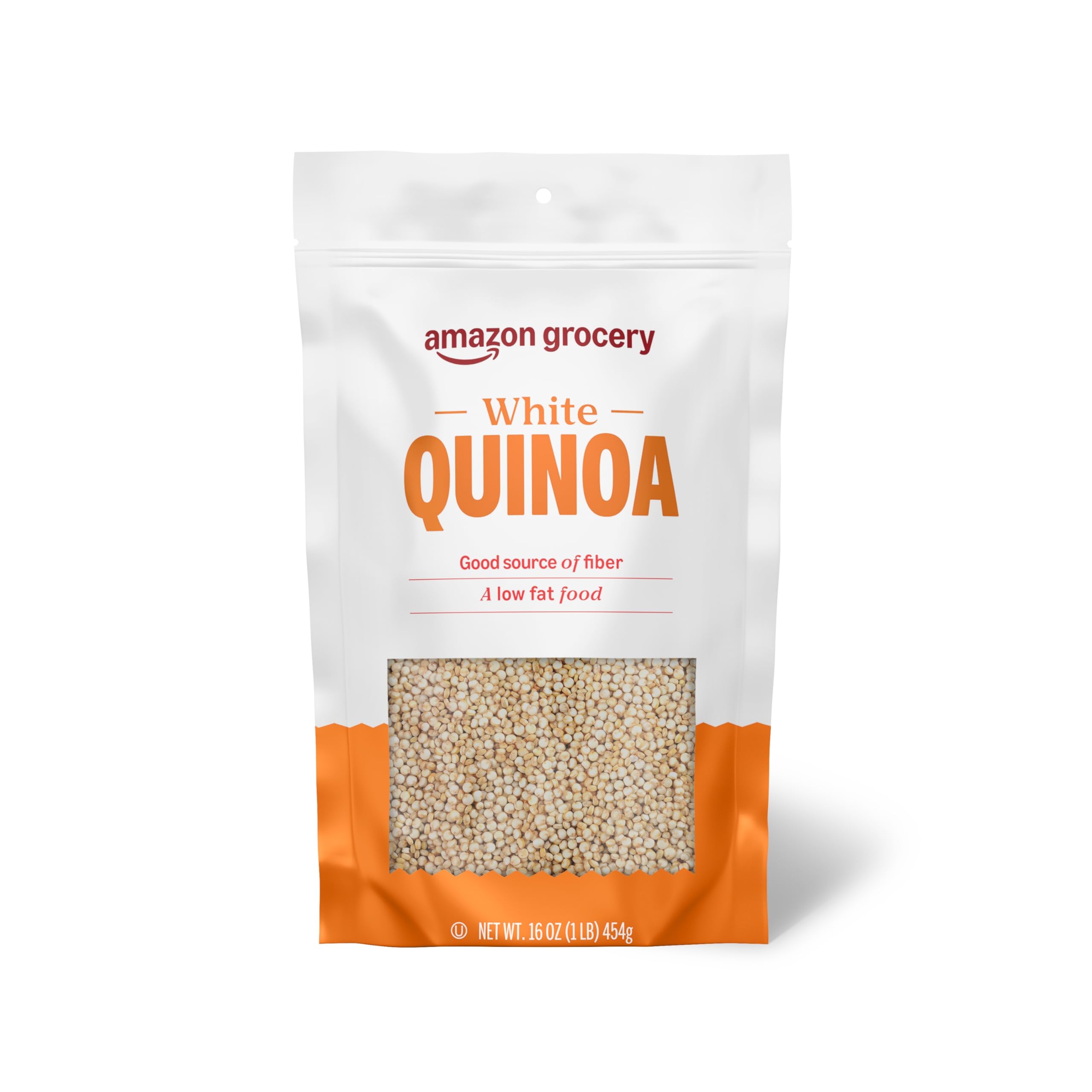 Amazon Grocery White Quinoa 16-oz bag as pantry staple for quick meals.