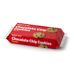 Amazon Saver Crunchy Chocolate Chip Cookies bag on counter, pantry staple ready