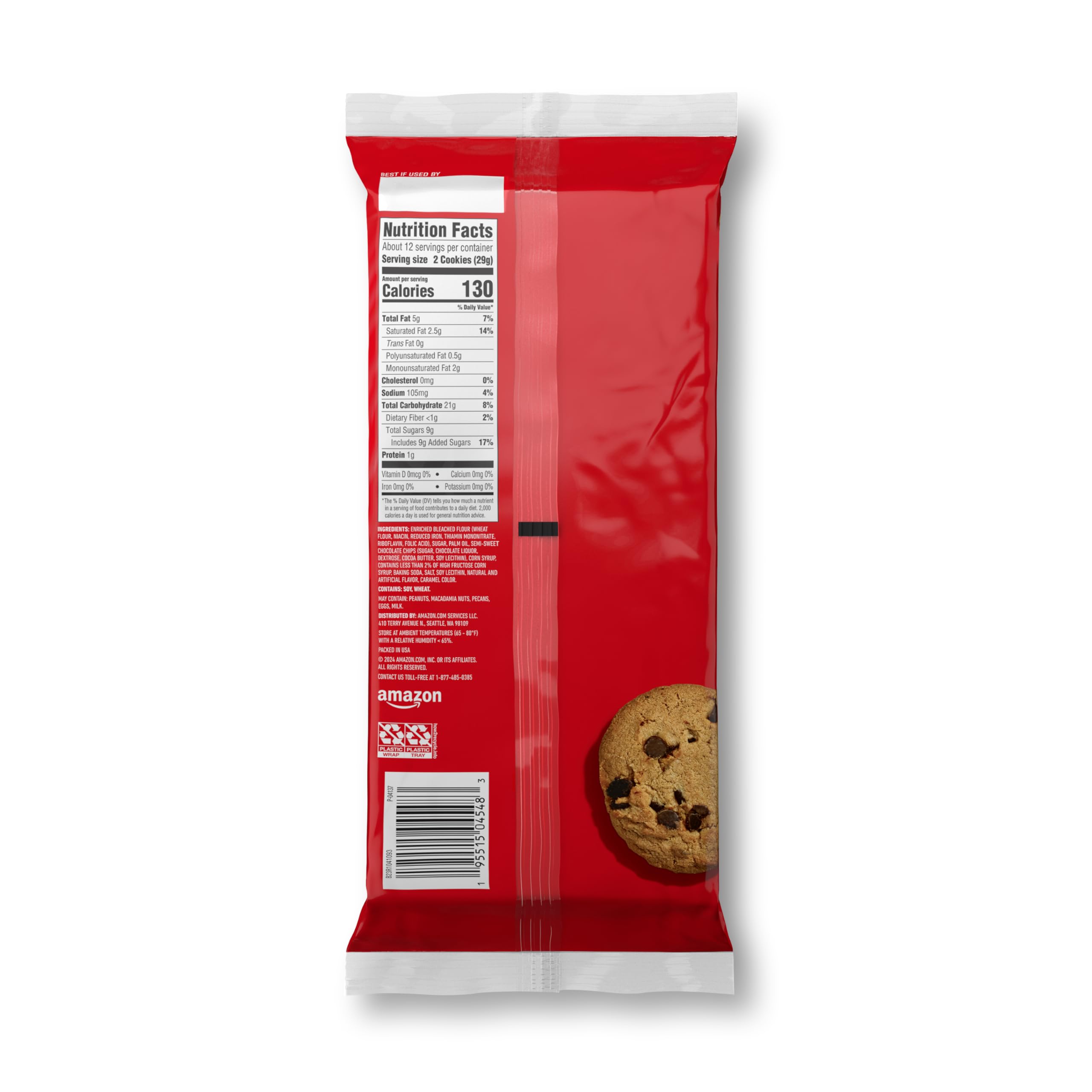 Amazon Saver Crunchy Chocolate Chip Cookies nutrition panel shows 130 calories per serving