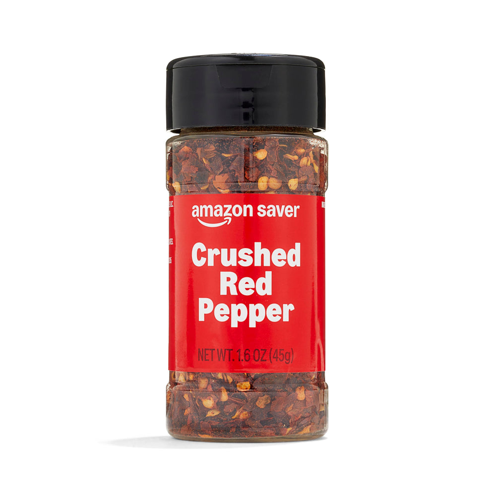 Amazon Saver Crushed Red Pepper jar with vibrant flakes, ideal for pizza and pasta.