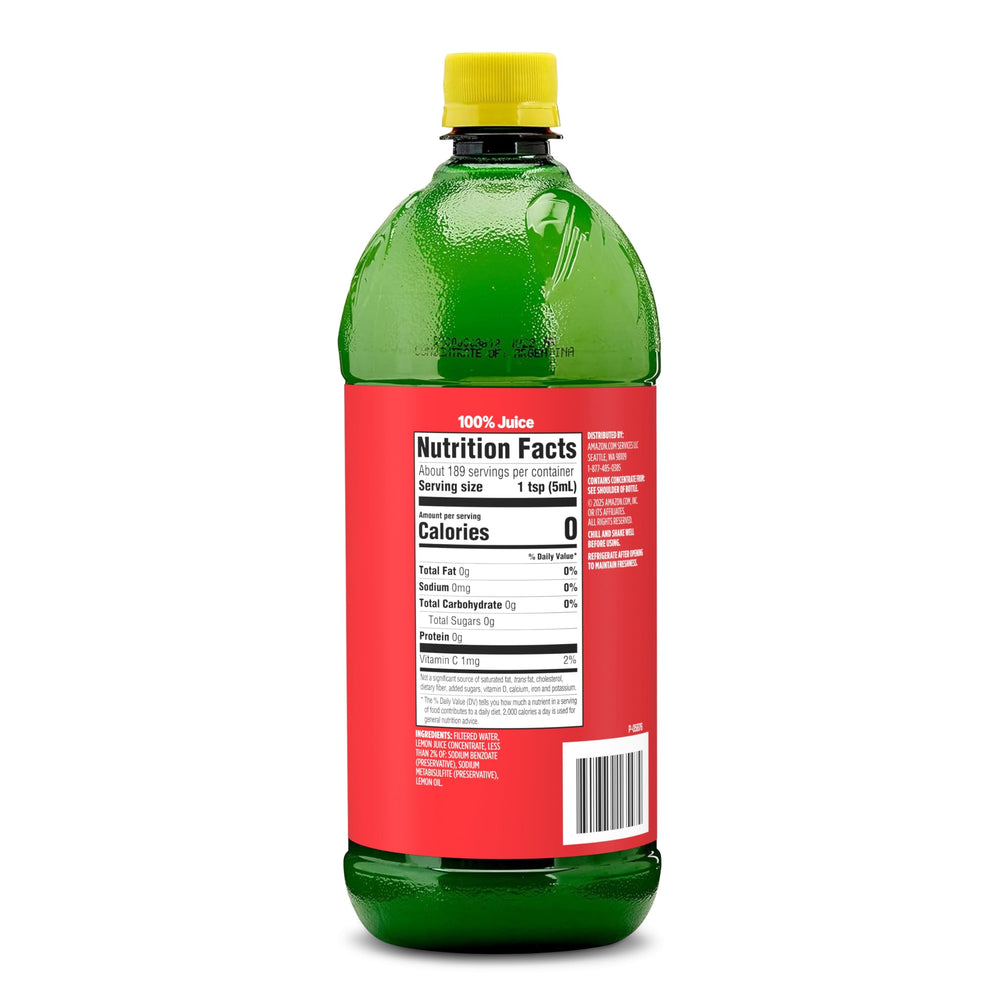 Close-up of Amazon Saver lemon juice 100% juice label for recipes and beverages.