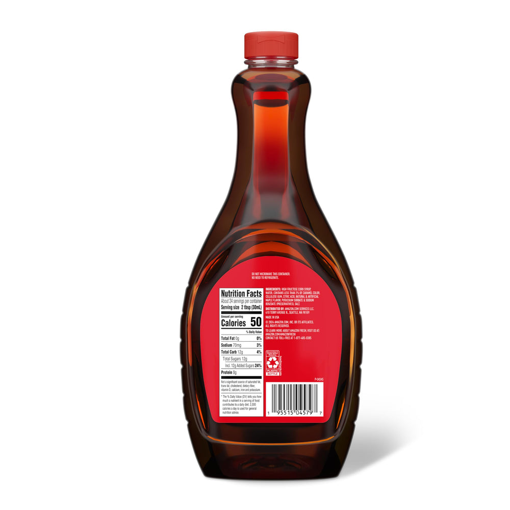 Close-up of the Amazon Saver Pancake Syrup Original bottle label, easy pantry access.