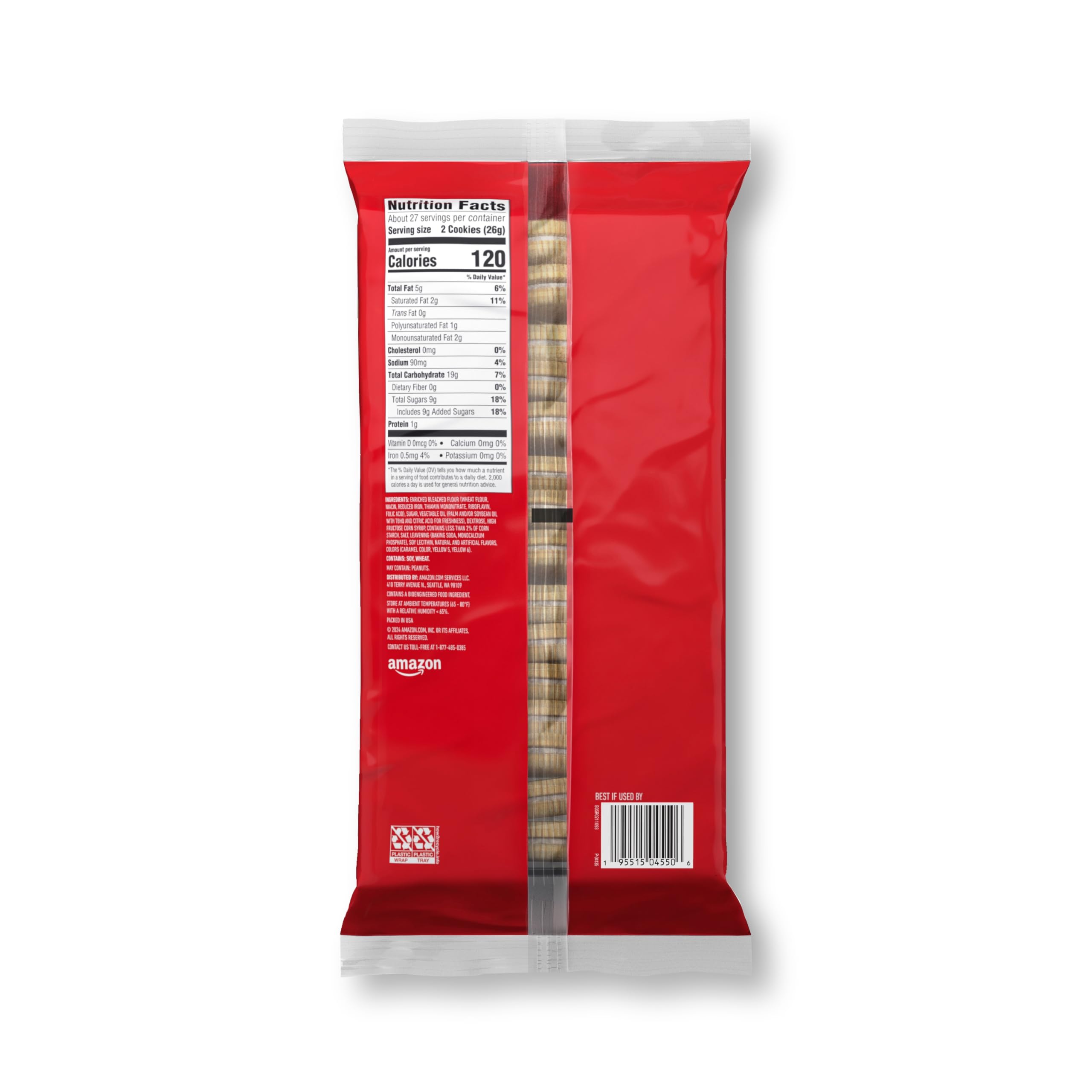 Amazon Saver Vanilla Sandwich Cookies box back reveals nutrition panel for informed choices.