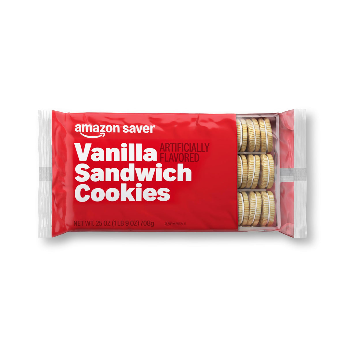 Amazon Saver Vanilla Sandwich Cookies box front, budget-friendly snack option.