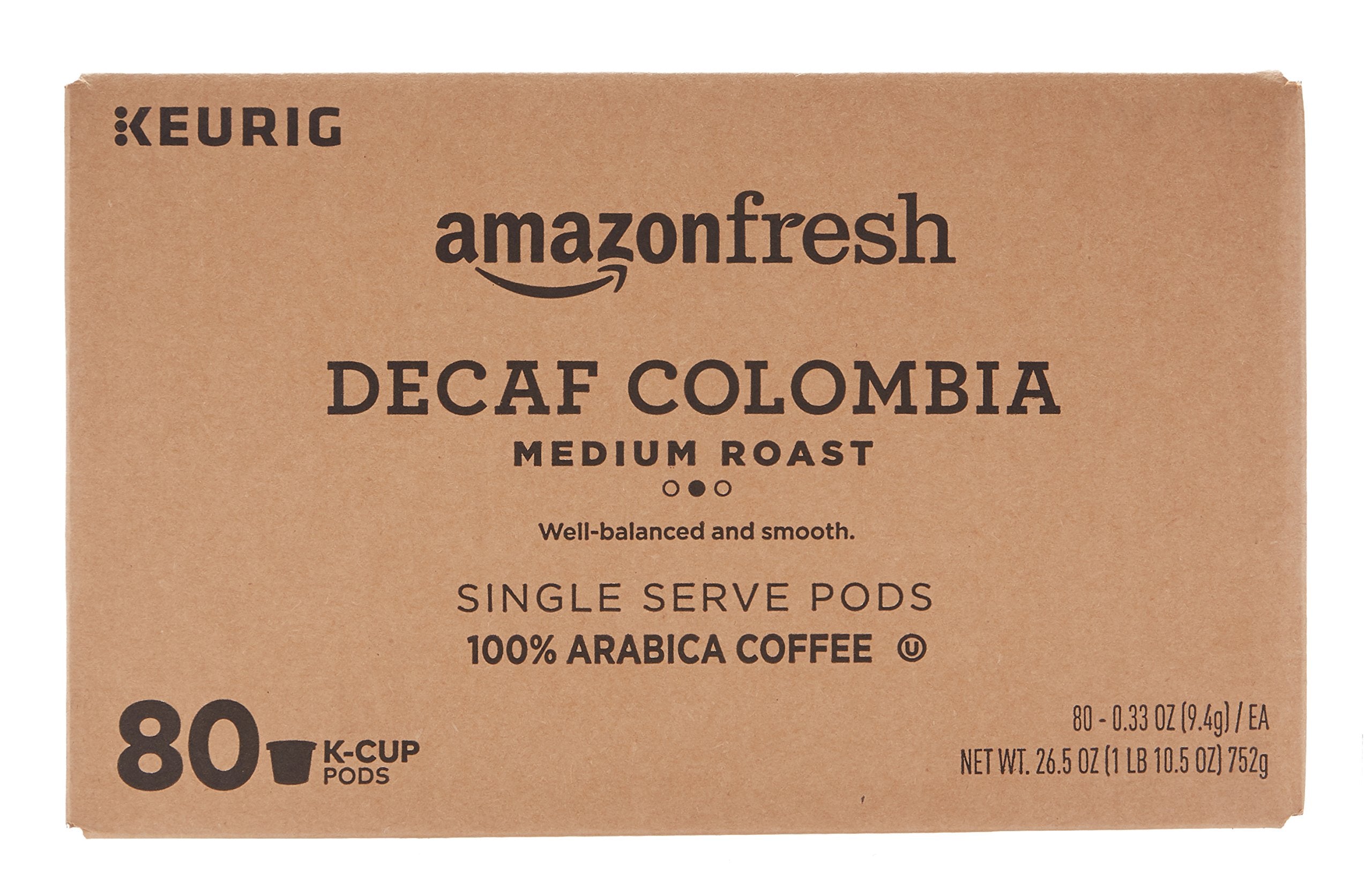 AmazonFresh decaf Colombia pods emphasize cocoa and citrus notes for a rich cup.