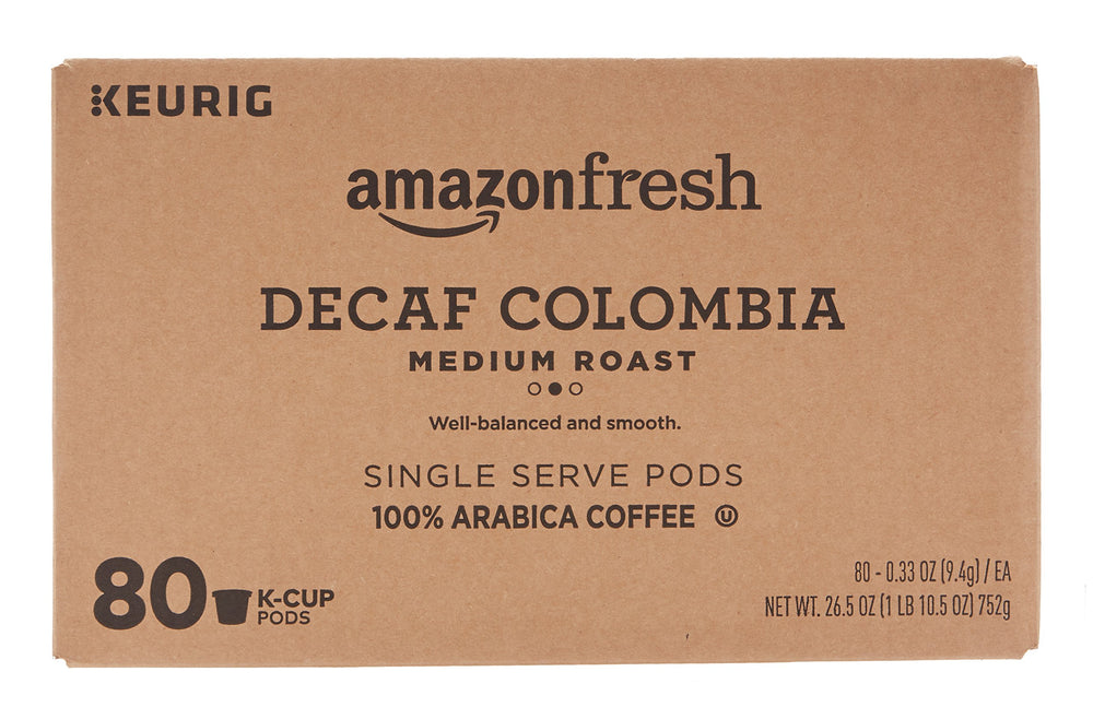 AmazonFresh decaf Colombia pods emphasize cocoa and citrus notes for a rich cup.