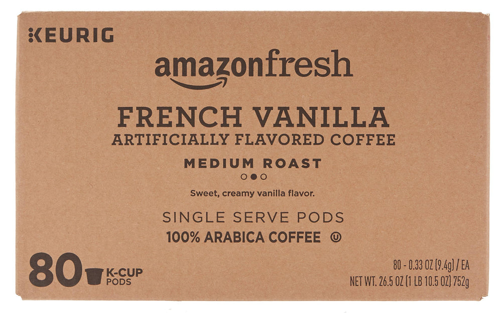 AmazonFresh French Vanilla K-Cups box with aroma for mornings.
