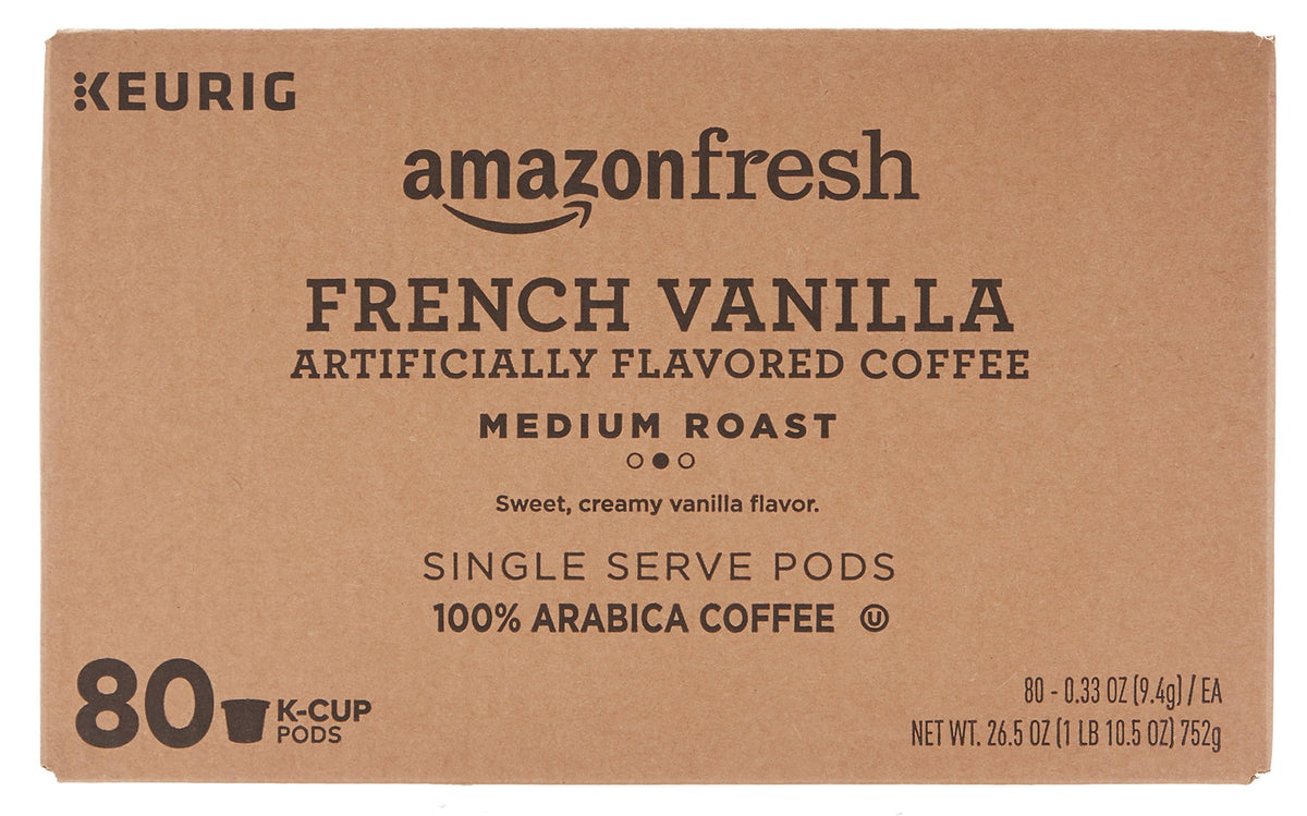 AmazonFresh French Vanilla K-Cups box with aroma for mornings.