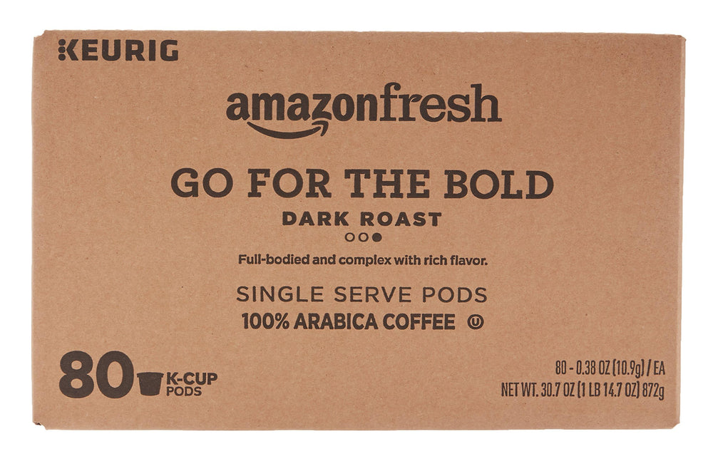 AmazonFresh Go For the Bold dark roast pods packaging, ideal for bold mornings.