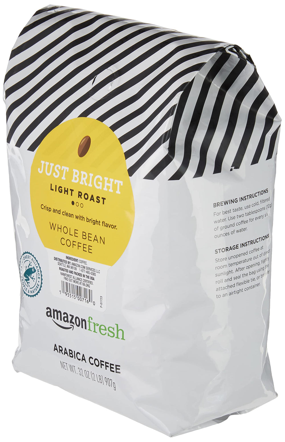 Amazon Fresh Just Bright Arabica beans close-up with bright aroma.