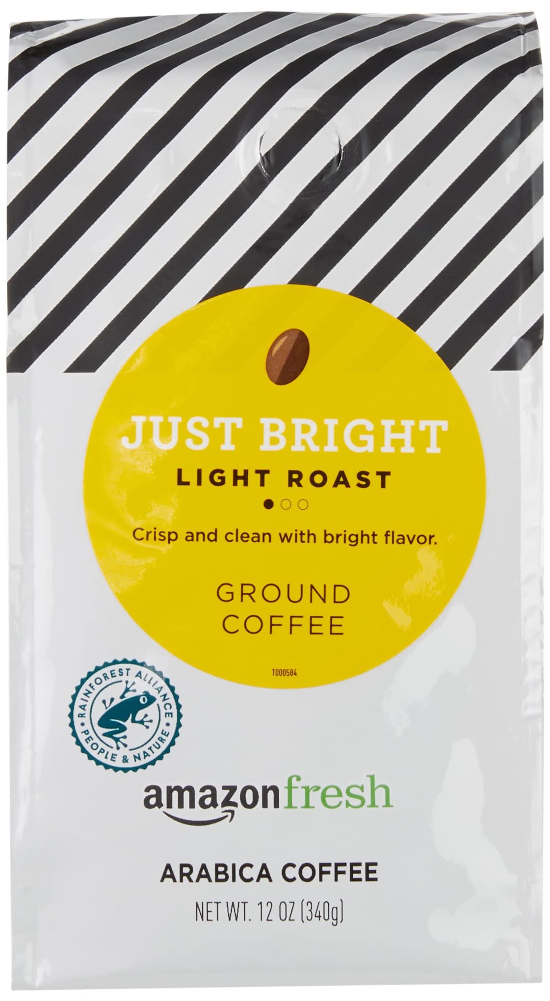 Amazon Fresh Just Bright ground coffee bag with freshness seal.