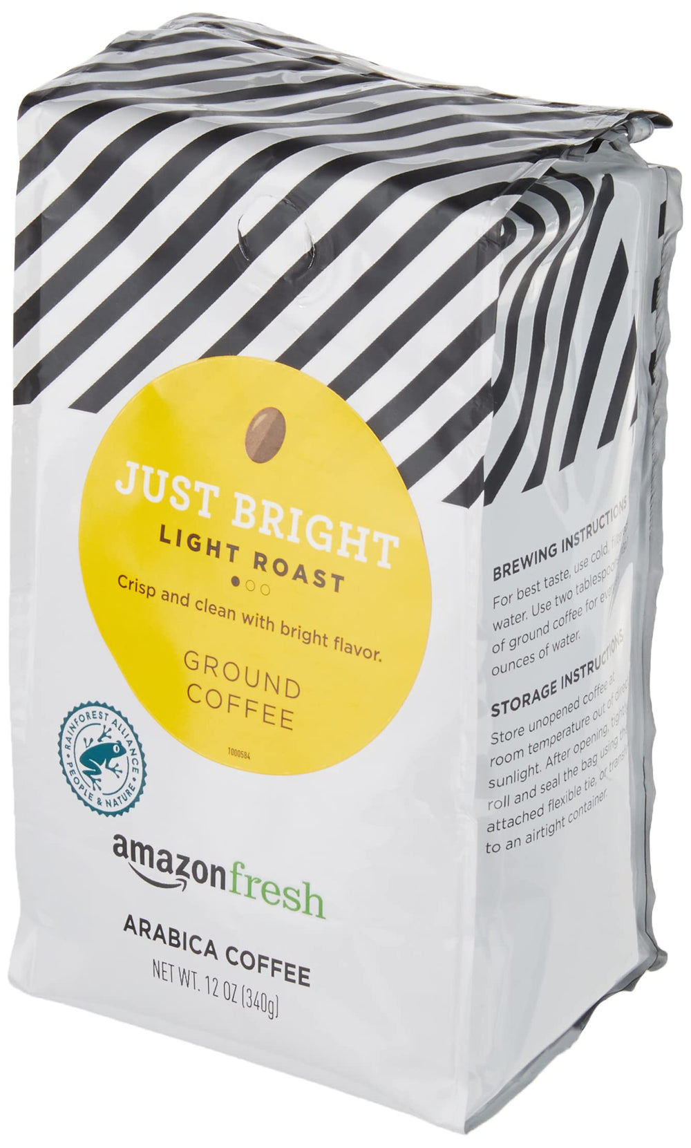Amazon Fresh Just Bright ground coffee bag on counter.