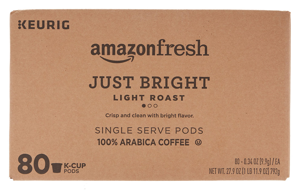 AmazonFresh Just Bright packaging box shows USA roasting and packing quality.