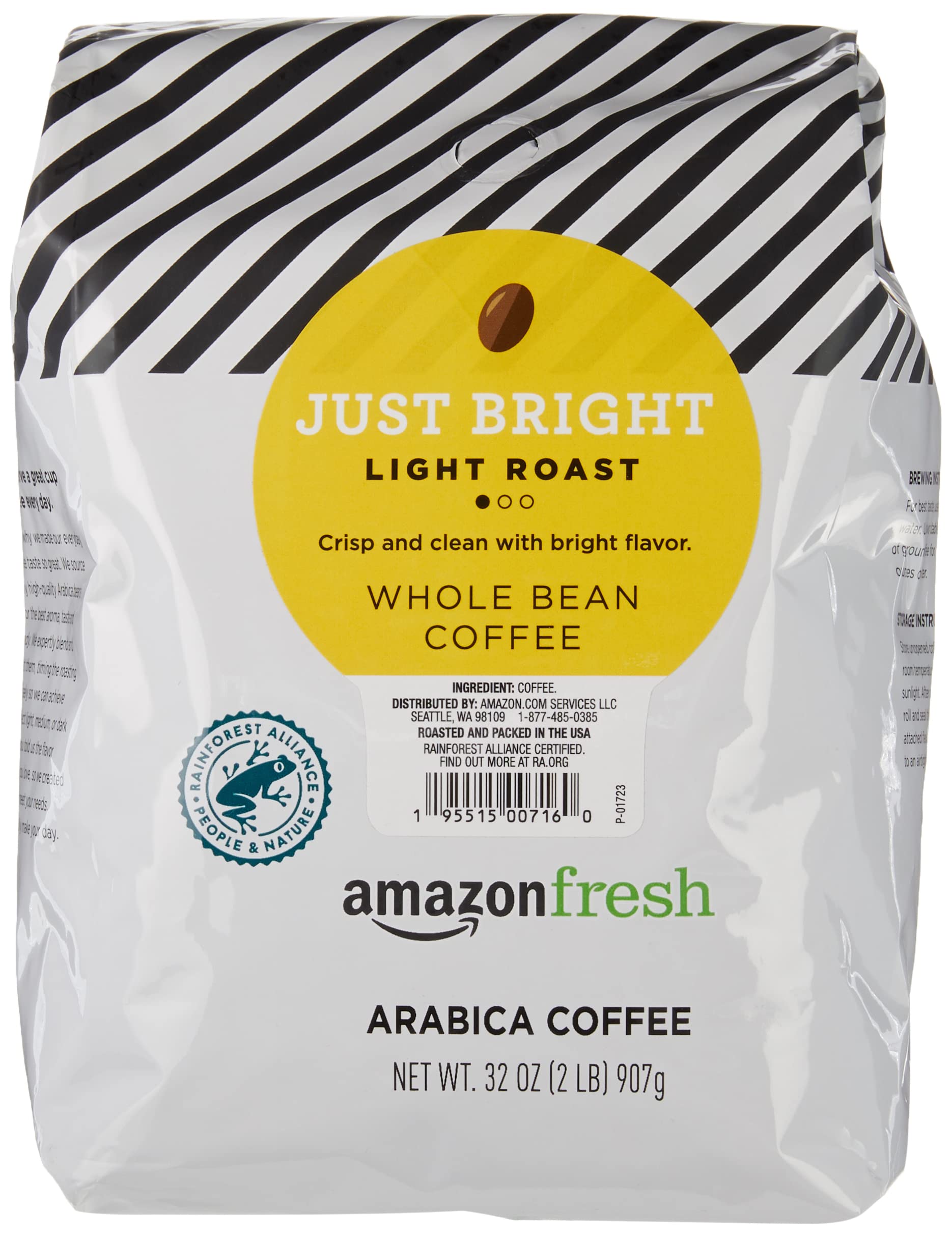Amazon Fresh Just Bright whole bean coffee bag ready for home grinding.
