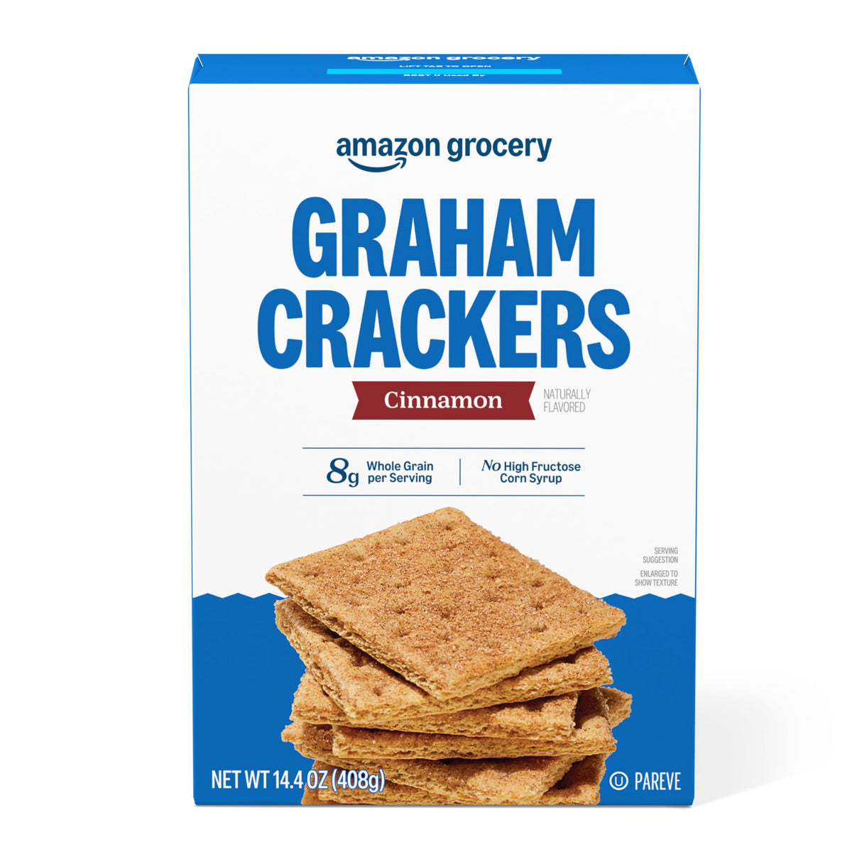 Amazon Grocery Cinnamon Graham Crackers box on a kitchen shelf for quick snacking.