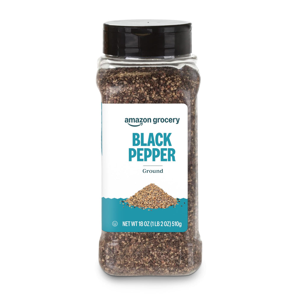 Amazon Grocery ground black pepper 18oz front view for easy daily seasoning