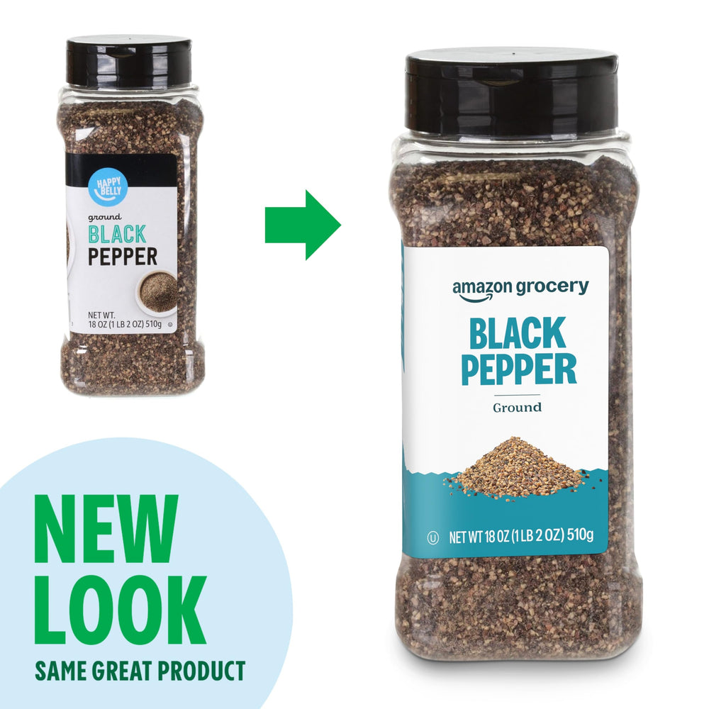 Amazon Grocery ground black pepper 18oz side view showing shaker style packaging