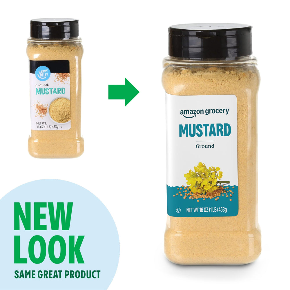 Amazon Grocery ground mustard label showing pure single-ingredient spice