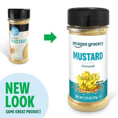 Amazon Grocery ground mustard label close-up showing size and brand.