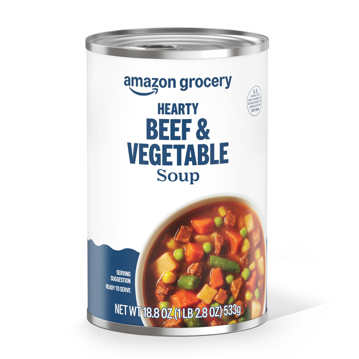 Amazon Grocery Hearty Beef & Vegetable Soup can, convenient ready to heat option.