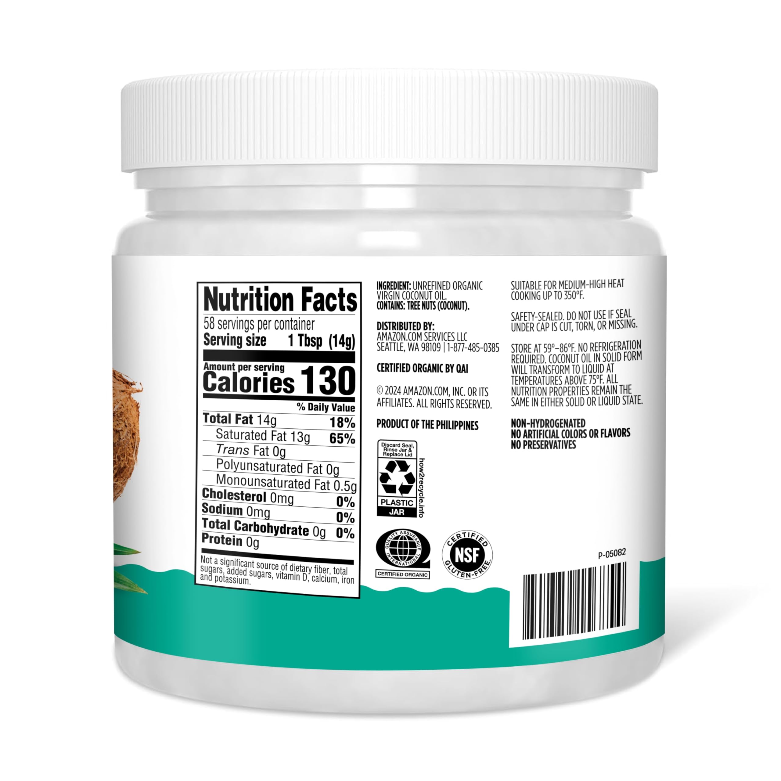 Amazon Grocery coconut oil label close-up showing non-GMO verification