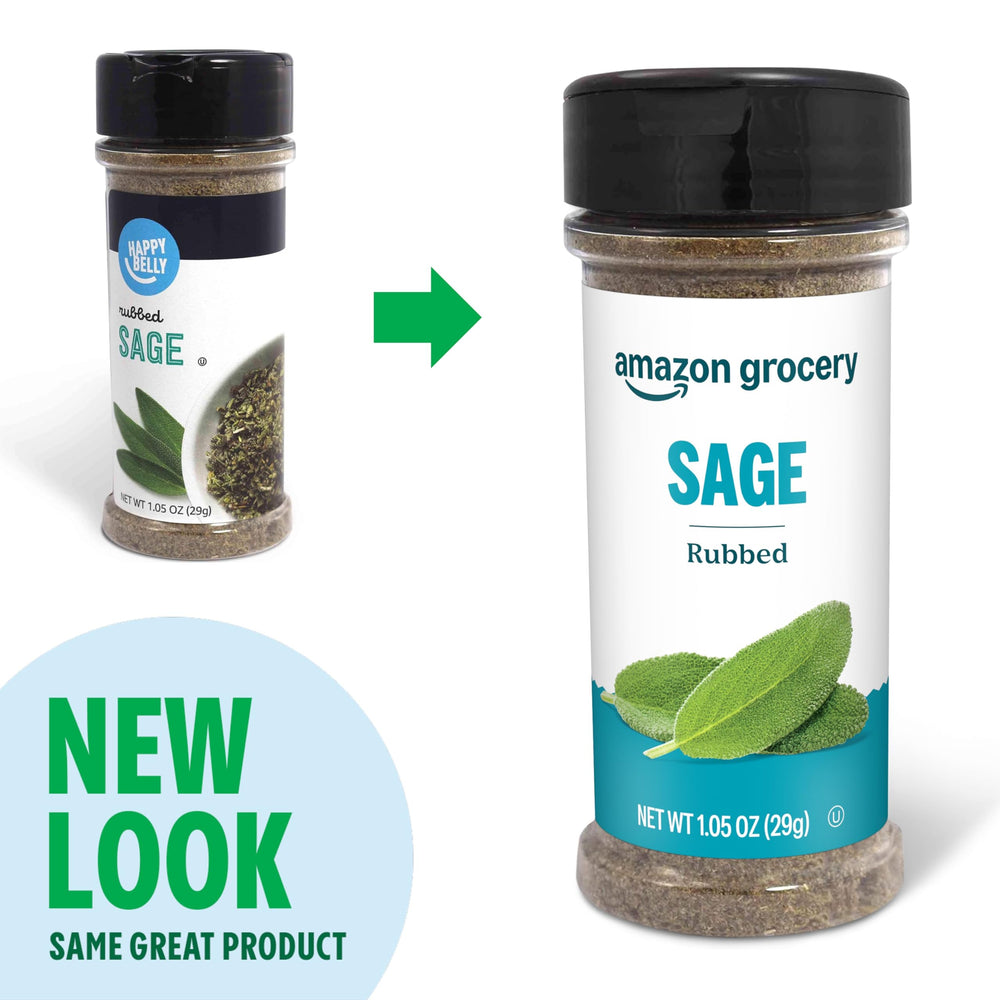 Amazon Grocery rubbed sage close-up jar highlighting aroma and texture.