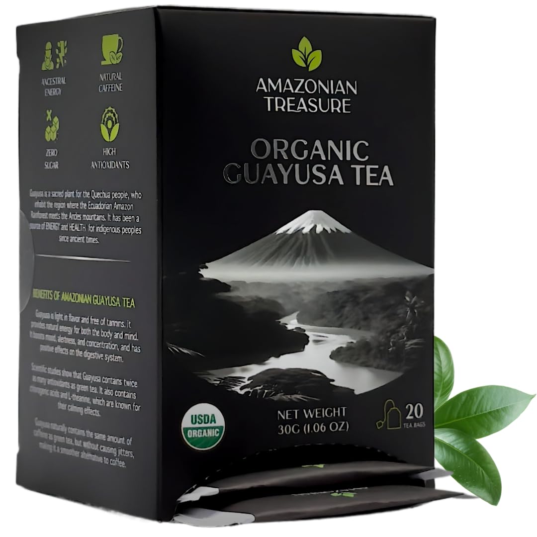 Amazonian Treasure Guayusa tea bags 20-count box offers a premium caffeine boost.