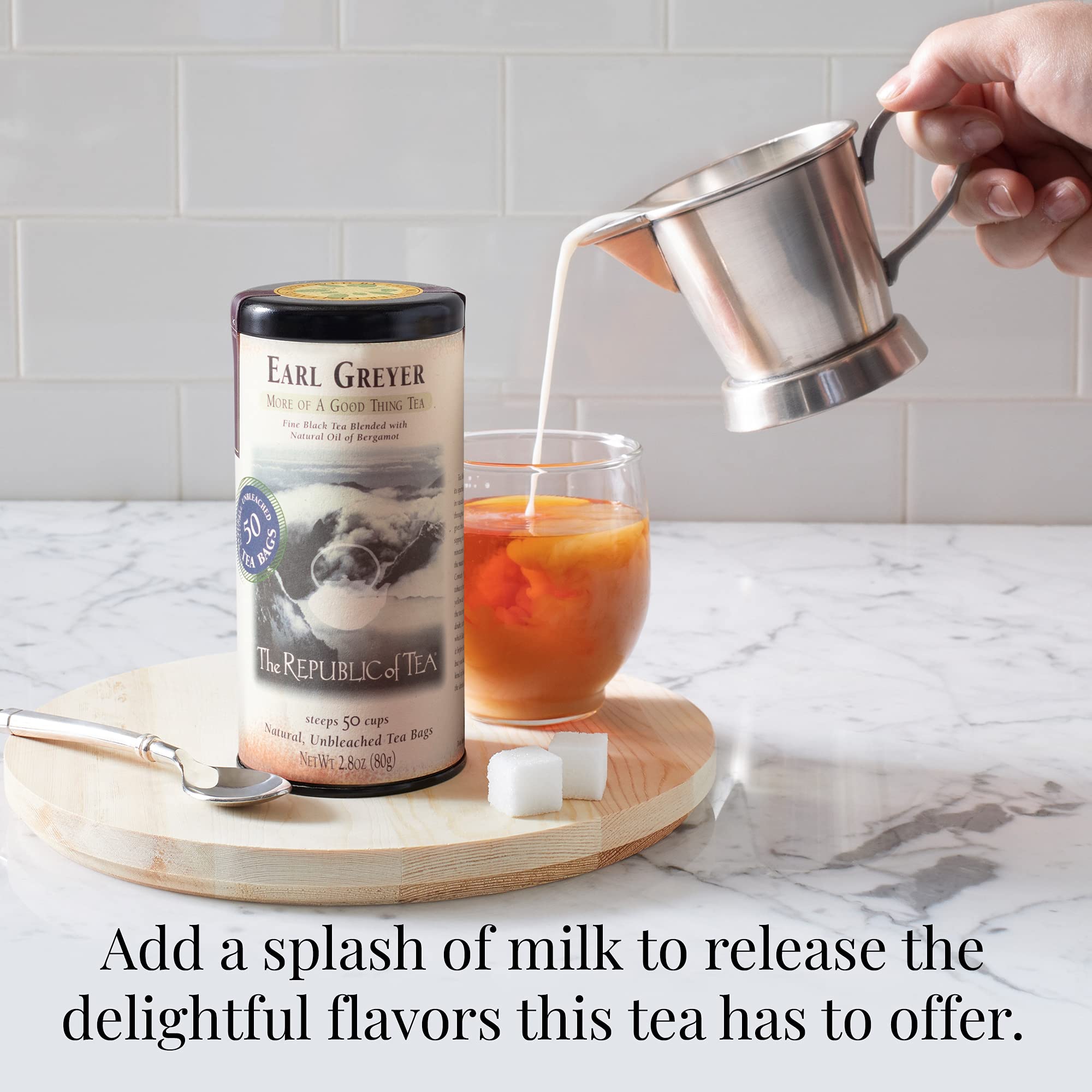 Amber-colored cup with a steeped Earl Greyer tea for a smooth finish