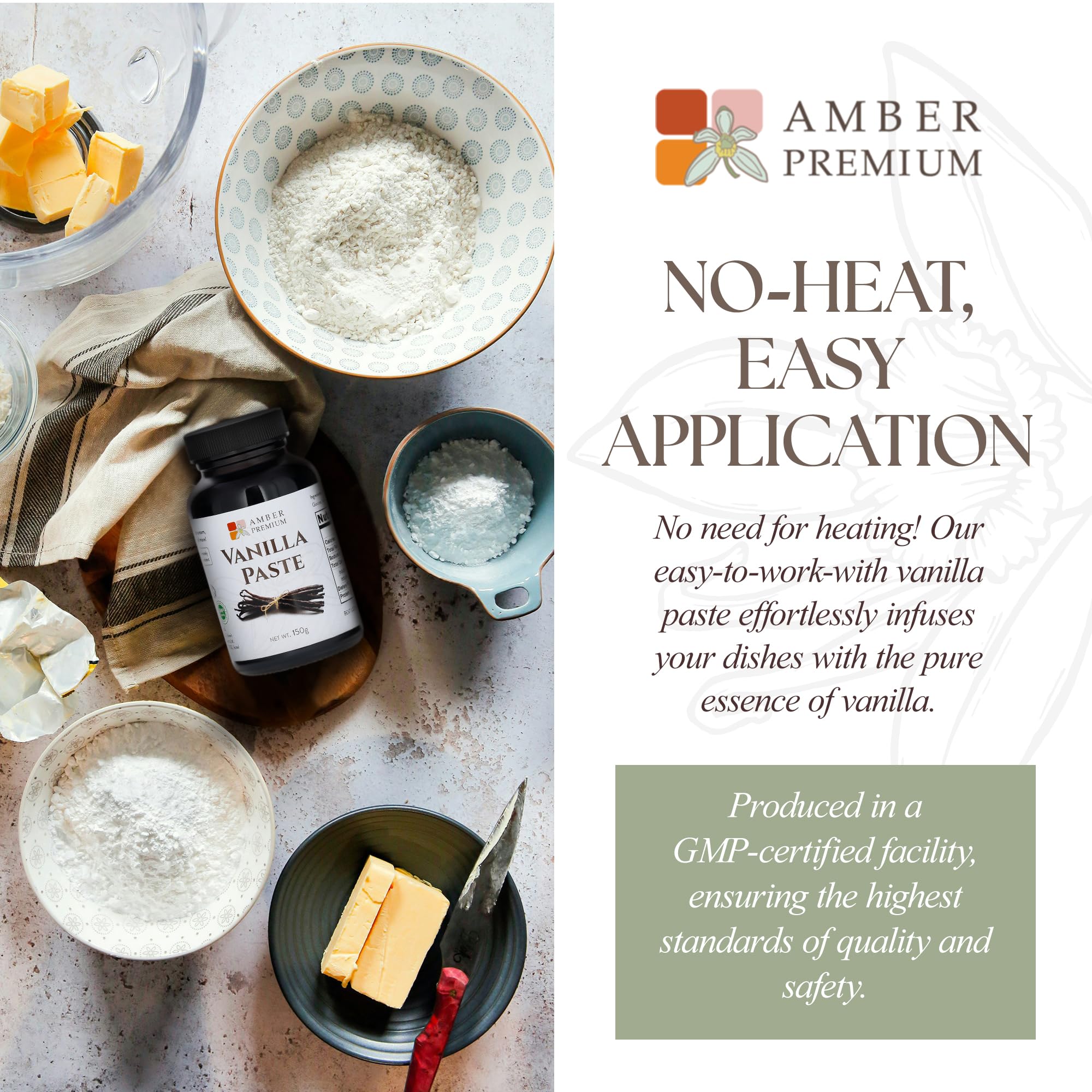 Amber Premium Vanilla Paste beside a scoop for ice cream and frozen desserts.