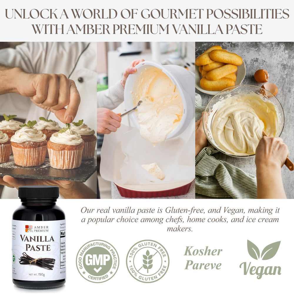 Amber Premium Vanilla Paste label on jar emphasizes vegan and kosher.