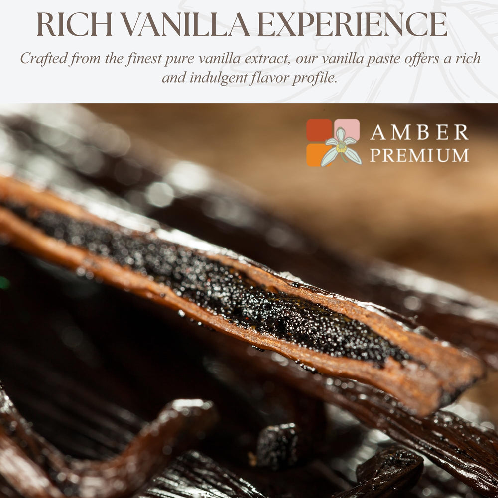 Amber Premium Vanilla Paste being poured into a mixing bowl during cake prep.