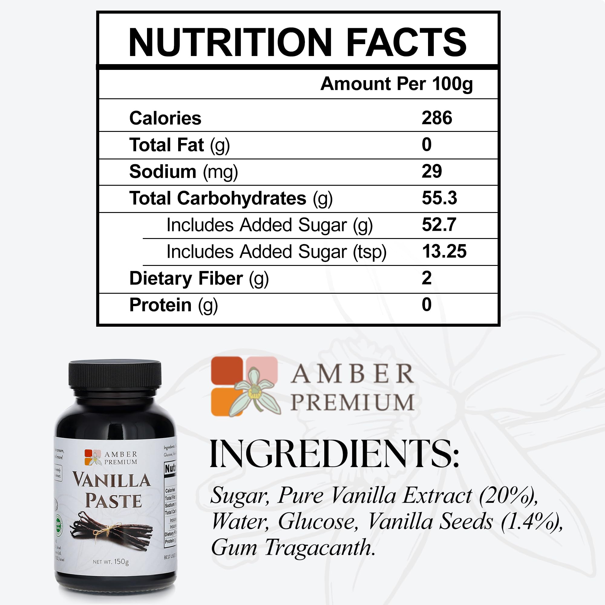 Amber Premium Vanilla Paste with vanilla beans highlights specks for vivid desserts.