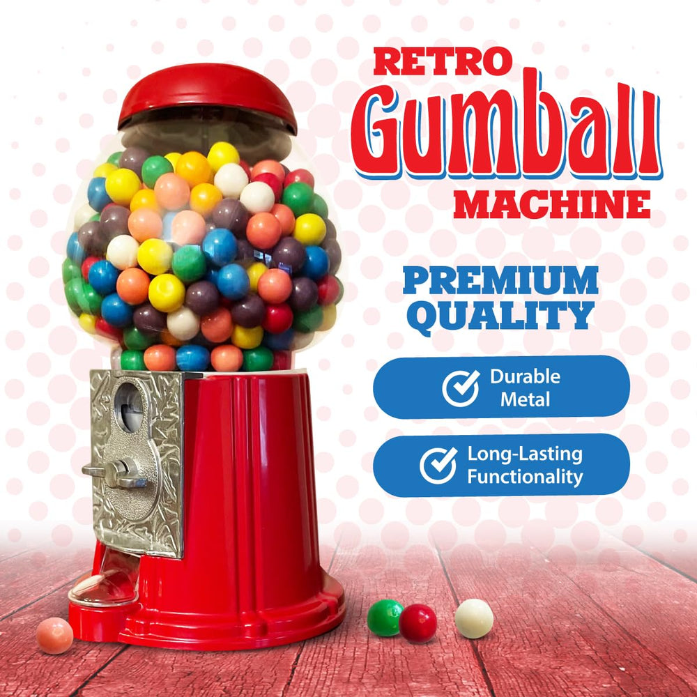American Gumball Company metal 11-inch red gumball machine side view highlights sturdy build