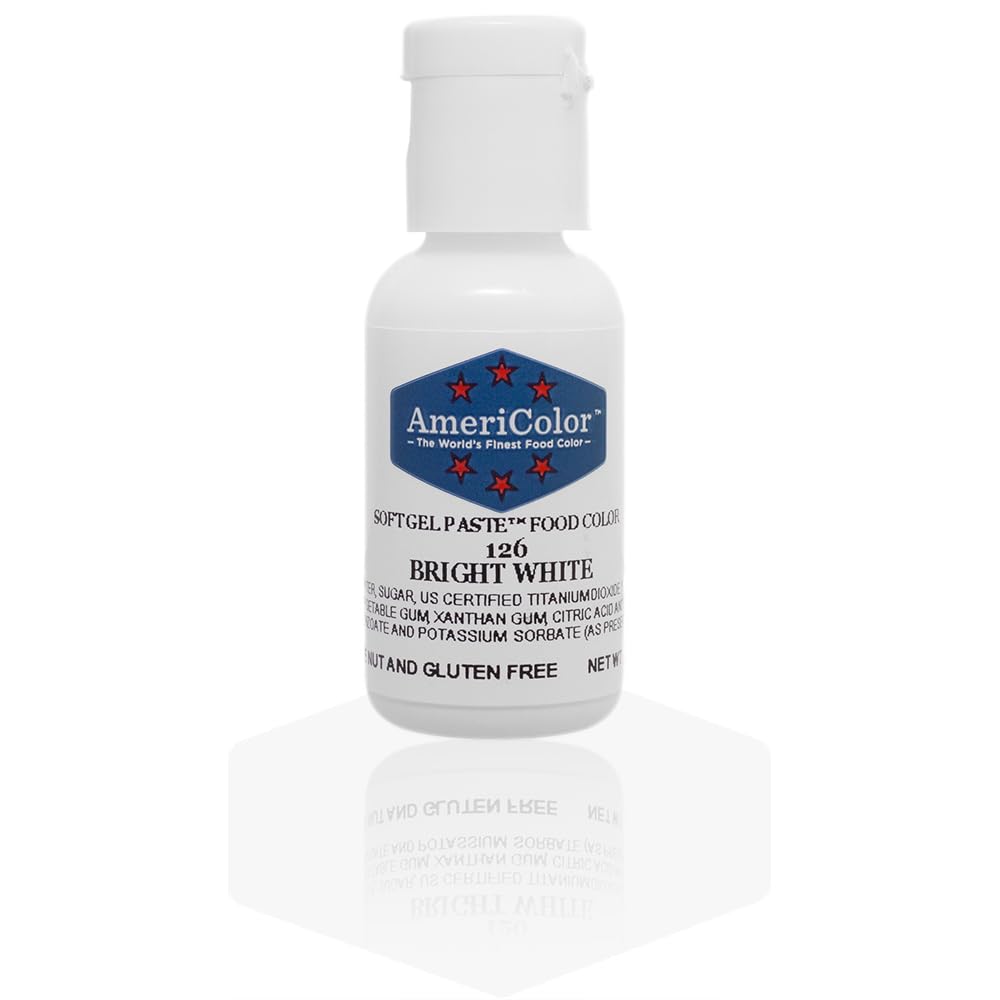 AmeriColor Bright White bottle demonstrates vibrant royal icing and fondant color.