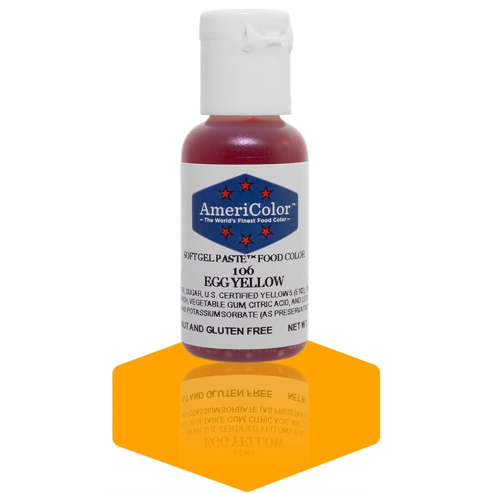 AmeriColor Egg Yellow Soft Gel Paste bottle shows vibrant color for precise decorating.