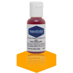 AmeriColor Egg Yellow Soft Gel Paste bottle shows vibrant color for precise decorating.