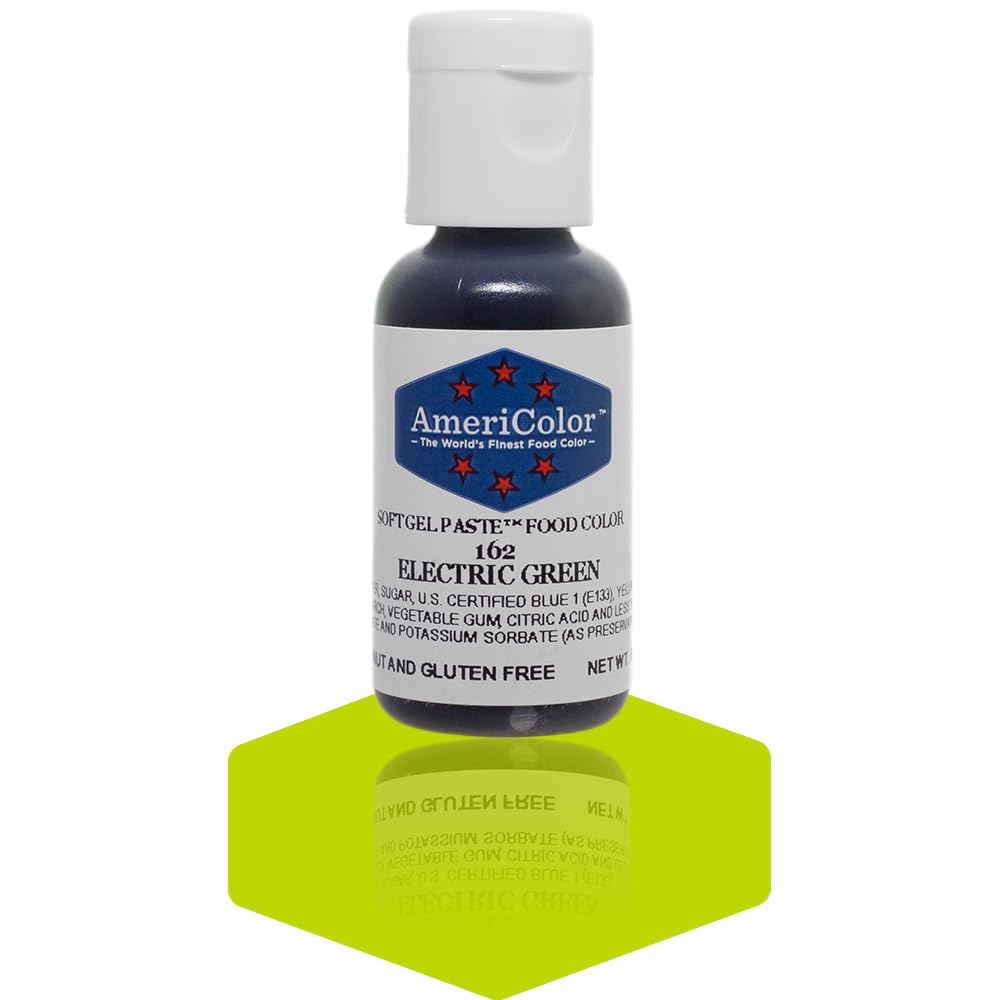 AmeriColor Electric Green gel paste colors frosting evenly for vibrant cupcakes.
